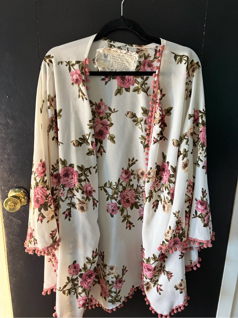 White Floral Kimono Robe with Pink Pom-Pom Trim